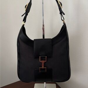 Gucci Jackie O Black Canvas Leather Trim Handbag | Iconic Piston Lock